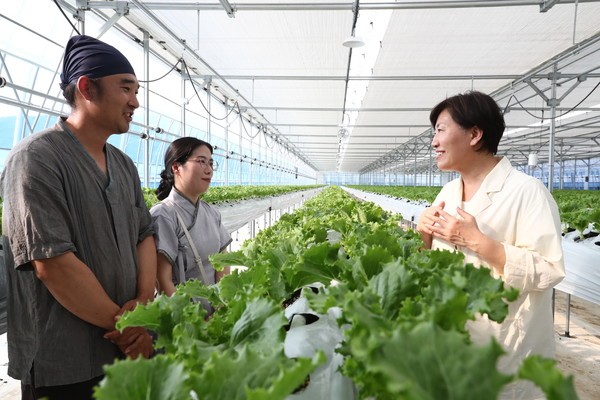 송미령 농식품부 장관(오른쪽)이 상추재배 농가에 방문해 농작물 생육상황과 수급 동향을 점검하고 있다. [출처=농식품부]