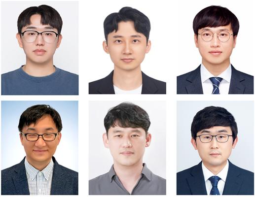 해수 수전해용 고성능 촉매를 개발한 연구진. (위 사진 왼쪽부터) 한국재료연구원 이경복 석·박사 통합과정 학생연구원, 울산과학기술원 이영대 박사, 한국재료연구원 윤기용 박사(이상 제1저자). 아래 사진 왼쪽부터 울산과학기술원 이호식, 송현곤 교수, 한국재료연구원 양주찬 책임연구원. [출처=한국재료연구원]