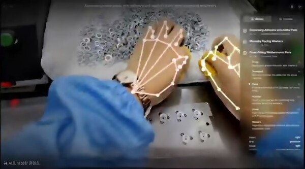 중국의 노동자가 스마트 글라스를 착용한 후 자신의 업무 영상을 촬영하고 있다. 해당 데이터는 로봇 등에 활용할 수 있다. [출처=에디 쉬 X 캡처]