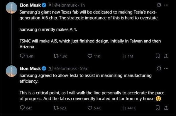 머스크 CEO는 “삼성전자의 텍사스 공장이 테슬라의 AI6 칩 생산을 책임지게 될 것”이라며 “이번 계약은 165억달러 수준이지만, 그 전략적 중요성은 과장할 수 없을 만큼 크다”고 밝혔다. [출처=일론 머스크 테슬라 CEO SNS]