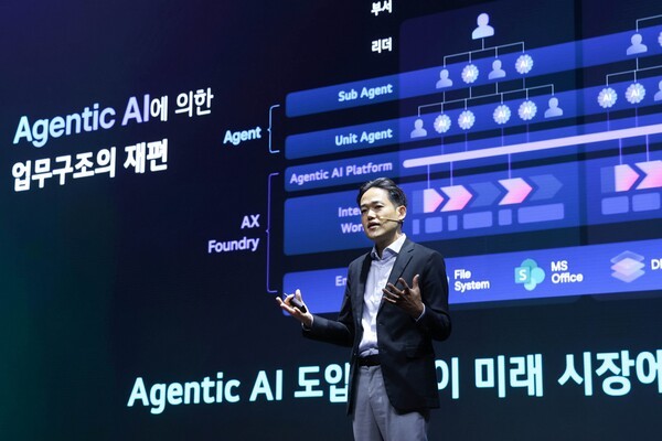 진요한 LG CNS AI센터장 상무가 25일 서울 마곡에서 진행된 'AX 미디어센터'에서 발표하고 있다. [출처=LG CNS]