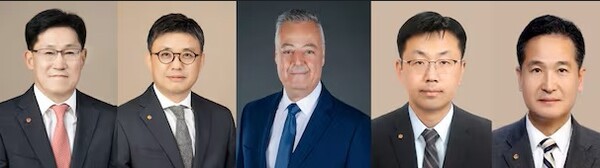 (왼쪽부터)류두형 (주)한화/글로벌 대표이사, 김종서 한화엔진 대표이사, 라피 발타 한화파워시스템 대표이사, 최석진 한화호텔앤드리조트 리조트 부문 대표이사, 김경수 한화호텔앤드리조트 에스테이트 부문 대표이사 내정자. [출처=한화]