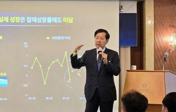 구윤철 부총리가 4일 서울 소공동 롯데호텔에서 열린 서울신문 주최, 광화문 라운지에서 한국경제의 상장런략에 대해서 강연하고 있다[출처=ebn]