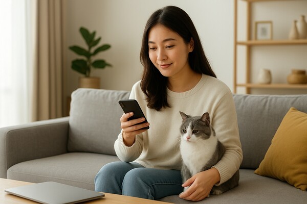 1인 가구 여성이 집 안에서 반려묘와 함께 소파에 앉아 스마트폰으로 반려동물 용품을 쇼핑하고 있다. [출처=오픈AI]