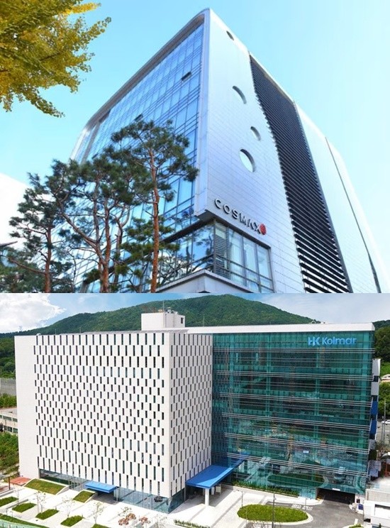코스맥스, 경기 판교 사옥 전경(위)과 한국콜마, 사옥 전경. [출처=각 사]