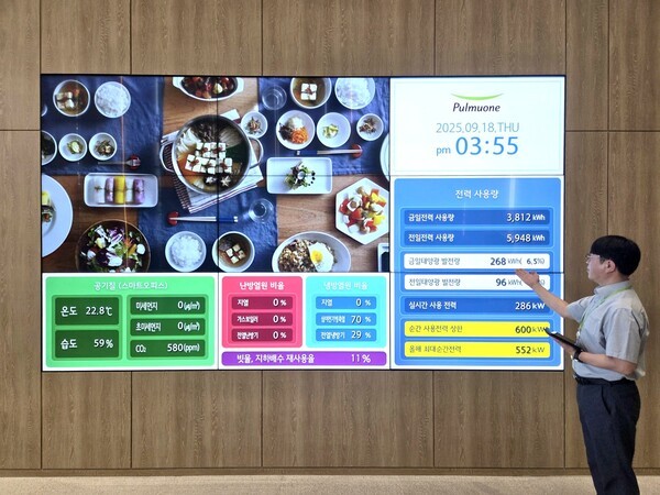 풀무원기술원 담당자가 기술원 로비에 설치된 에너지 사용 현황판을 소개하고 있다. [출처=LG전자]