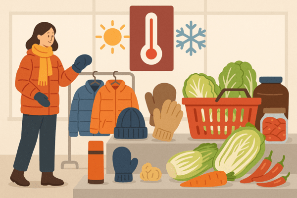 급격히 커진 일교차에 대응해 유통업계가 겨울 상품 판매에 속도를 내고 있다. 방한용품부터 김장 재료까지 전방위적으로 겨울 수요 선점에 나섰다. [출처=오픈AI]