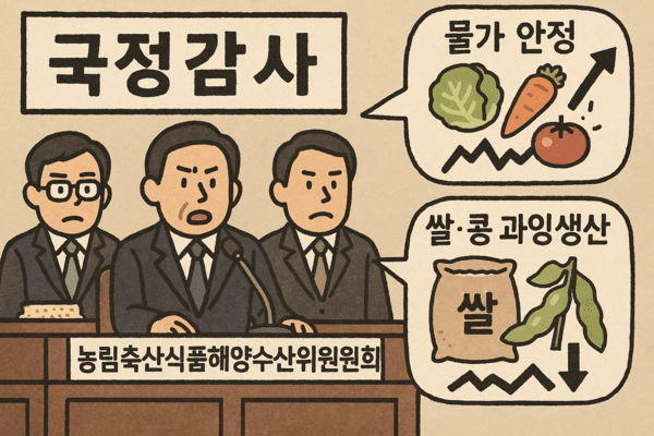 국회 농림축산식품해양수산위원회가 오는 14일부터 2025년도 국정감사에 돌입한다. 이번 국감은 새 정부의 첫 농정 평가 무대로, 농식품 물가 안정과 쌀·콩 과잉생산 문제가 핵심 쟁점으로 부상했다. [출처=오픈AI]