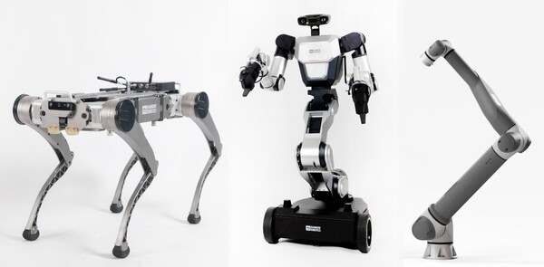 레인보우로보틱스가 기존에 개발한 로봇. (왼쪽부터 4족로봇, 이동형 양팔로봇, 협동로봇) [출처= 삼성중공업]