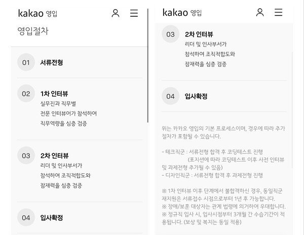 카카오 인재 채용 과정 [출처= 카카오 홈페이지 갈무리]