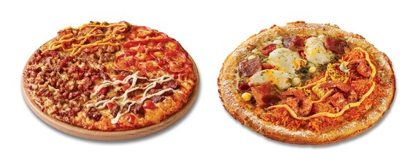 맘스피자, WOW미트피자(왼쪽)과 하프앤하프피자. [출처=맘스터치앤컴퍼니]