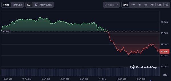 24시간 비트코인 가격 추이. [출처=코인마켓캡]